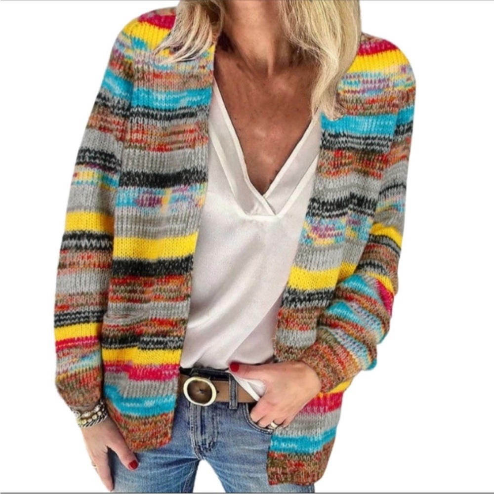 Misslook Wool Blended striped Cable knit open front cardigan